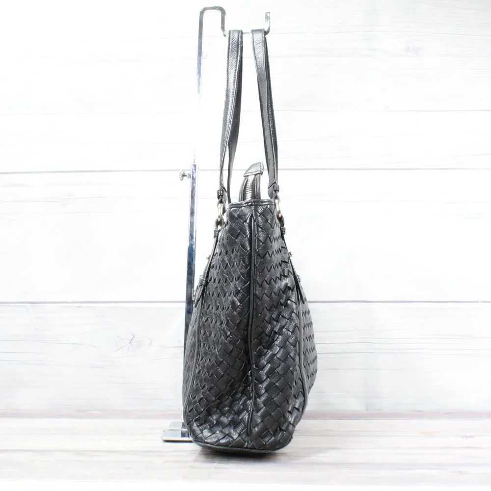 Cole Haan Black Genuine Leather Woven Design Tote Shoulder Bag - Picture 5 of 10